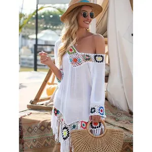 New Seven-Quarter Sleeve Crochet Patchwork Fringe Beach Dress