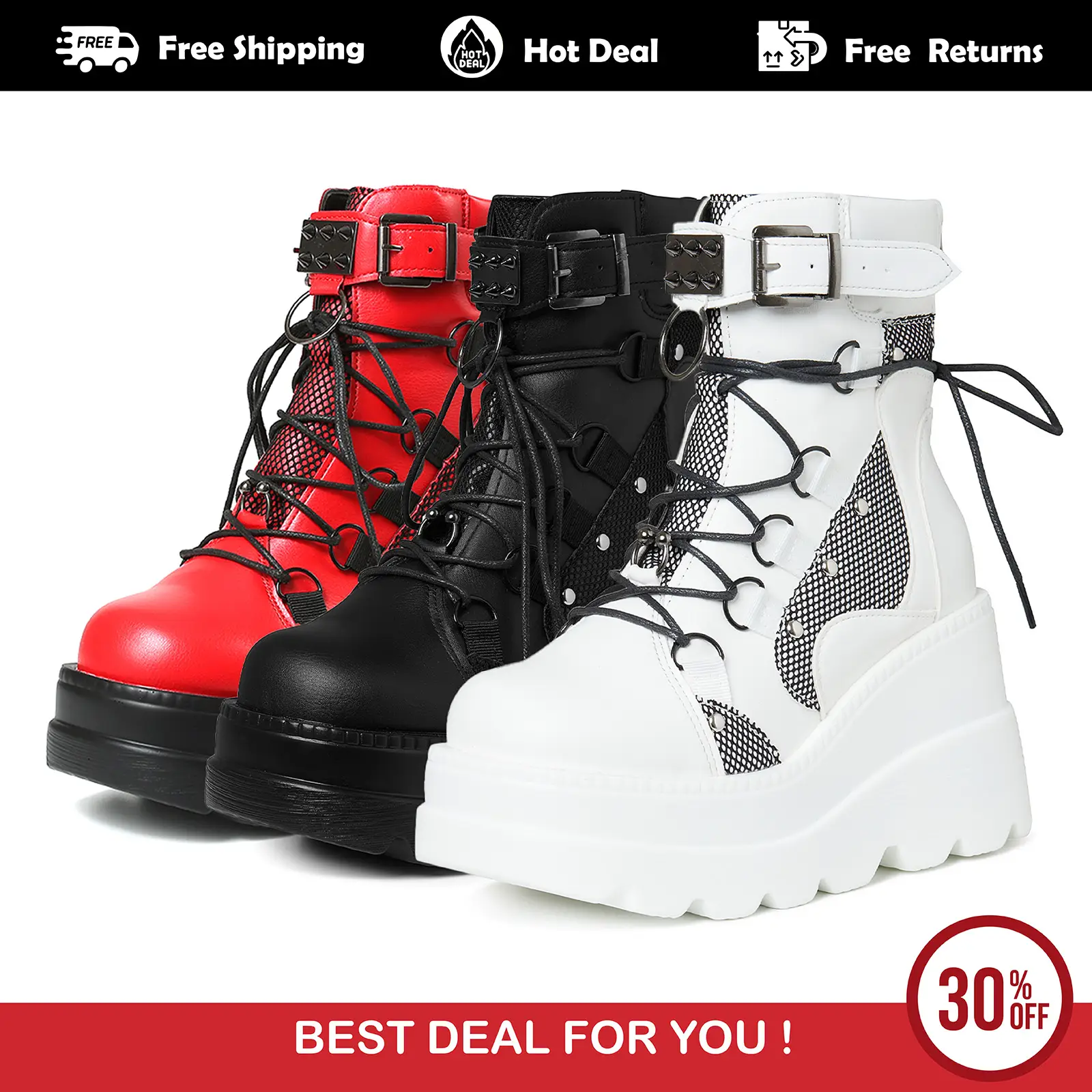 Platform Ankle Boots for Women Chunky High Heel Booties Goth Round Toe Combat Boots Women Lace up Motorcycle Wedges