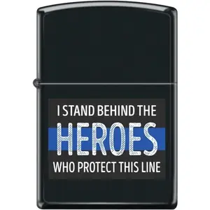 Zippo Lighter I Stand Behind the Heroes Black Matte with Thin Blue Line Design for Police Supporters in Eco-Friendly Gift Box