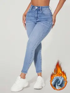 Women's Winter Faux Fur Tight Jeans, Light Blue Washed High-Waisted Slim Fit Nine-Inch Denim Jeans, Perfect for All Seasons