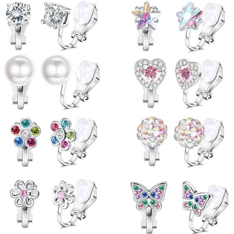 8Pairs Clip on Earrings for Women Girls Colorful Crystal Non-Piercied Earrings Cute Flower Heart Butterfly Pearl Clip-on Earrings summerwins