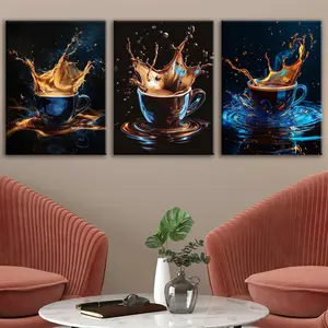 Coffee Cup Pattern Painting, 3 Counts/set Wooden Framed Canvas Wall Art, Wall Decor for Home Living Room Bedroom Office, Ornaments