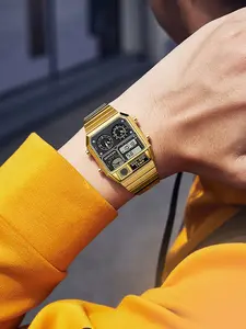 Trendy Men's Square Dial Digital Watch, Street Style Waterproof Luminous Watch, Multifunctional Timepiece with Temperature Measurement & Stopwatch