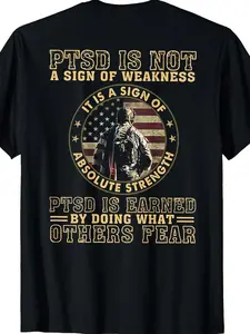 PTSD Is Not A Sign Of Weakness T-Shirt - Black Unisex Casual Tee with Back Print Military Graphic & American Flag Design, Regular Fit Short Sleeve, Machine Washable Awareness Apparel, Military T Shirts
