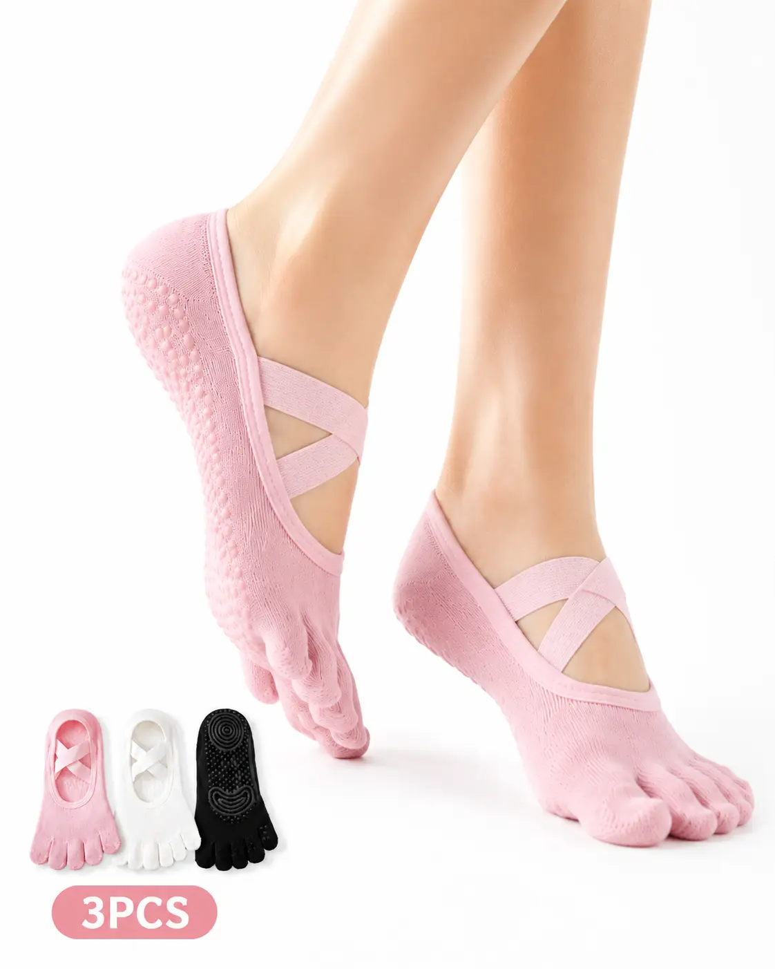 Women's Non-Slip Yoga Toe Socks (3 Pairs) - Pilates Socks with Grips, 1 Size Fits Most, Pink, Black, White