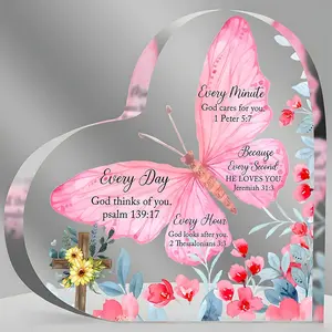 Butterfly & Flower Pattern Acrylic Desktop Ornament, Heart Shaped Religious Decoration, Home Decor for Living Room Bedroom, Gift for Women, Signs, Decorative Plaque, Acrylic Plaque Decor