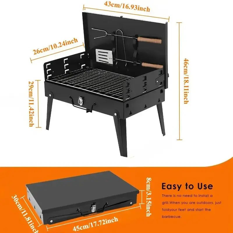 Portable Heavy-Duty Cast Iron Charcoal Grill - Adjustable Height, Foldable, Open Lid Design, Compact Lightweight BBQ for Camping, Tailgating, Backyard Barbecue, Picnic, Patio, Outdoor Cooking, Garden, Travel, Family Gatherings