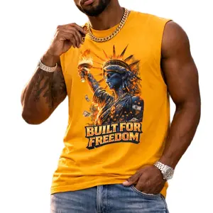 Built For Freedom Men's Sleeveless T-Shirt - Statue of Liberty Graphic Design - Yellow Casual Tank Top