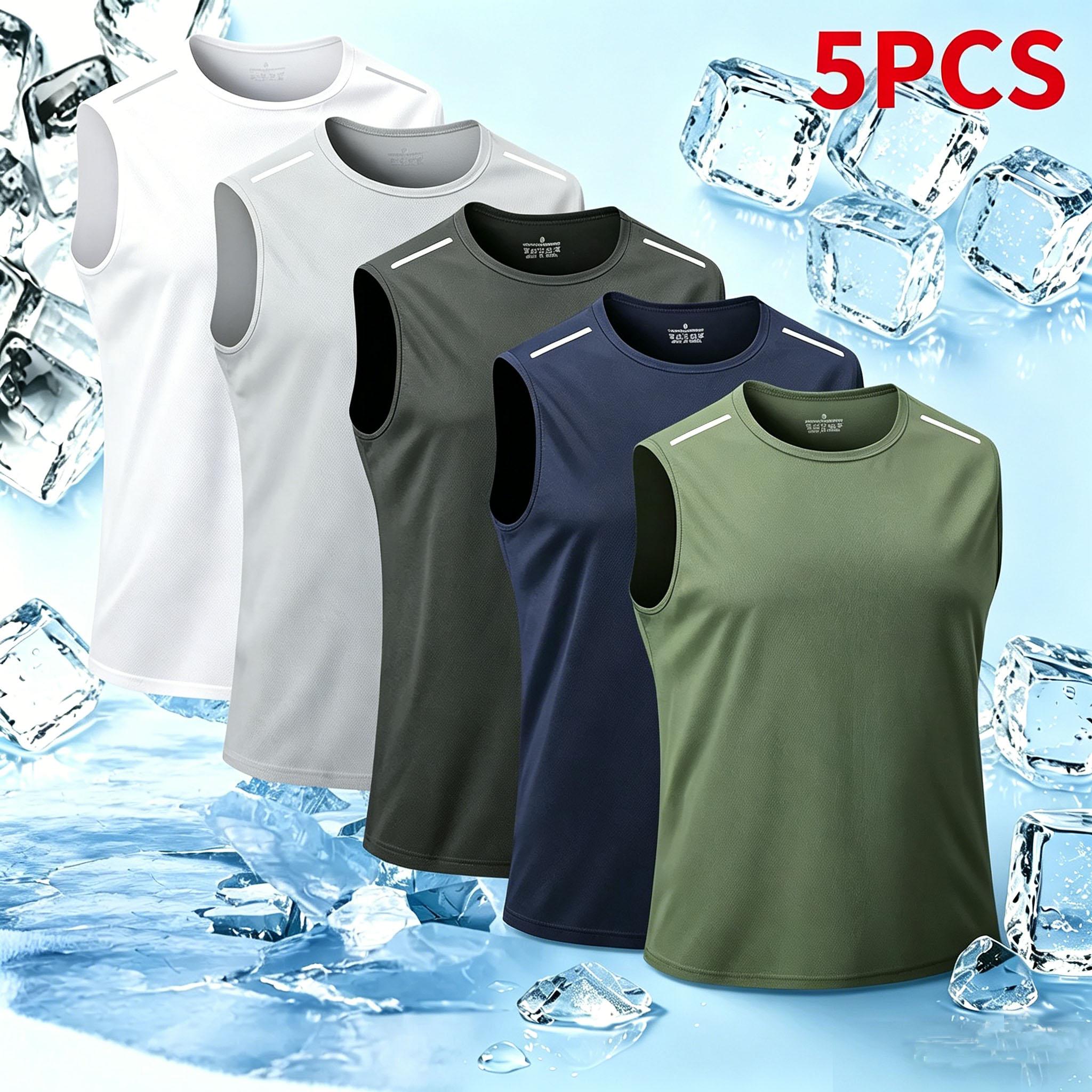 Set of 5 men’s sleeveless tank tops — fitness, running, casual athletic tops with a crew neck and striped design, stylish