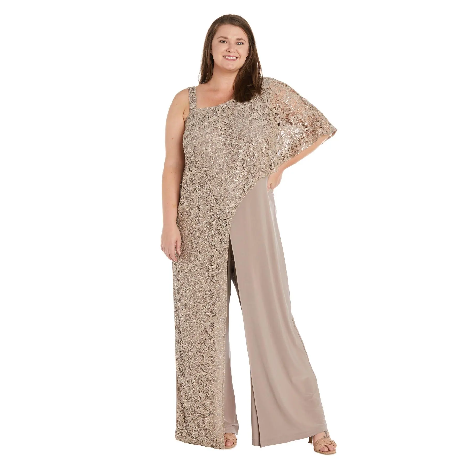 Asymmetric Evening Jumpsuit with Lace and Sequins - Plus