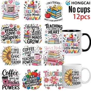 12pcs Teacher Theme UV DTF Self-Adhesive Cup Stickers, Waterproof Scratchproof 3D Crystal Texture, High-Quality Inspirational Quotes, Sticker Packs Floral Pattern Sticker