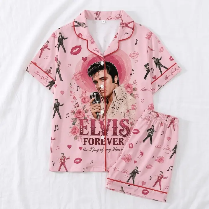 Elvis Forever Satin Pajama Set for Women, Pink Short Sleeve Button Up Sleepwear, Silky 2 Piece Lounge Set, Rock & Roll Fan Gift