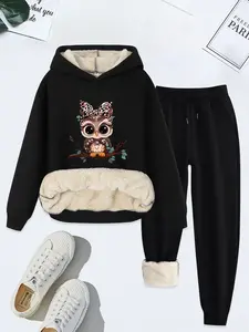 Women's Cartoon Owl Print Plush Hoodie & Drawstring Waist Thermal Lined Sweatpants Set, Casual Long Sleeve Hooded Sweatshirt & Pocket Jogger Pants, Women's Fall & Winter Clothes