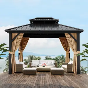 Garvee 10 x12ft Hardtop Gazebo with Nettings & Curtains, Durable Galvanized Steel Frame and Vertical Striped Canopy for Patio Backyard Deck or Garden, Khaki