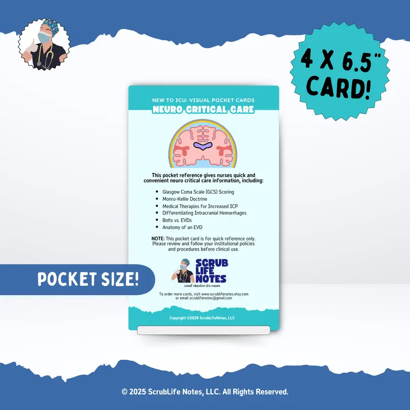 Medical Neuro Critical Care Pocket Card - 4"x6.5" Pocket Nursing Flashcards, 12-Page Foldable Guide, Compact & Durable, Water-Resistant, Easy-to-Read Diagrams, Visually Engaging, Monro-Kellie Reference for Training Professionals