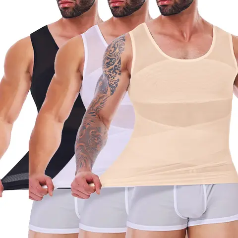 CATTIBOR 1/2/3 Pack Men's Double Compression Tank Tops - Fitness Workout Vest, Sleeveless Shirt, Chest Compression Men's Tanks, Body Shaper Undershirts for Gym Running