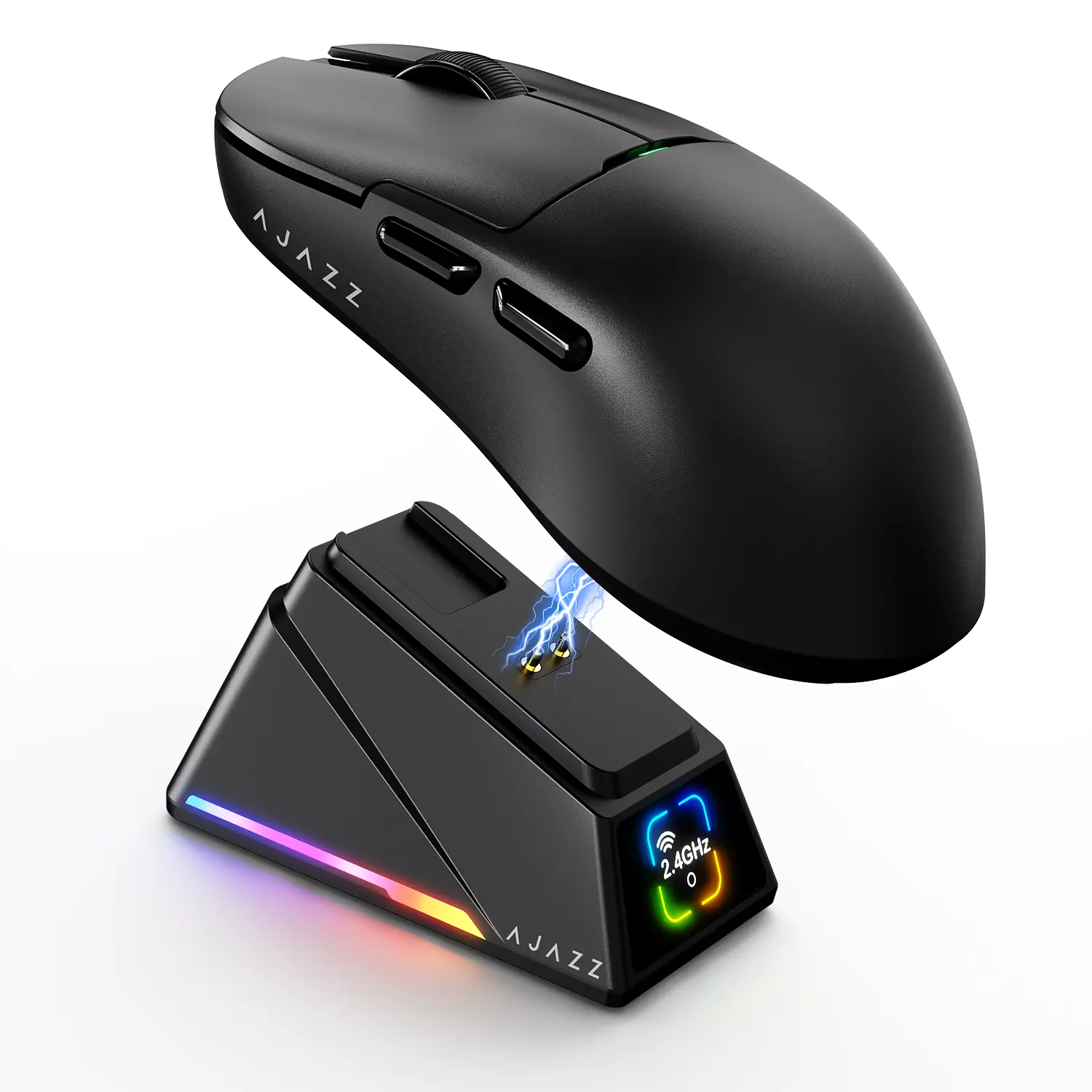 A.JAZZ AJ159PMCPRO Lightweight Wireless Gaming Mouse - White, RGB Dock, PTFE Skates, 24000 DPI Optical PAW3311 Sensor, Tri-Mode, 1000Hz Polling Rate, 20M Clicks Huano Switches, 57g Programmable Magnetic Charging Base, Extended Gaming Time