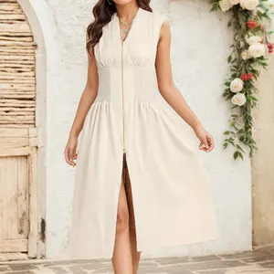 Women's Summer Smocked Midi Dress – V-Neck, Zipper Back, Cap Sleeves, High Slit, Flowy Hem – Elegant and Waisttrainer-Friendly – Minimalist Basic Black Sleeveless Womenswear for Workwear, Birthday, or Formal Events