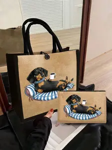 Cute Dog Coffee Pattern Linen Tote Bag Set, Large Capacity Shoulder Bag with Portable Makeup Pouch, Multi-Functional Shopping Bag