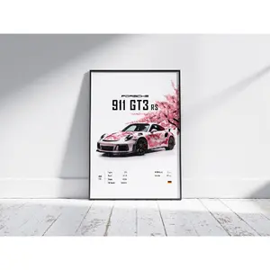 Porsche 911 GT3 RS Car Poster Cherry Blossom Sakura Tree Theme Wall Art Decor for Enthusiasts Car Art for Home Office or Gift