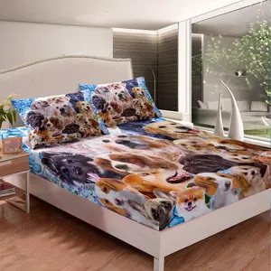 Feelyou Cartoon Pug & Bulldog Bedding Set - Cute Dog Pattern Full Fitted Sheet, Decorative Bedsheet Sets for Dog Lovers with Animal Design Bed Cover, Bed Sheets Set