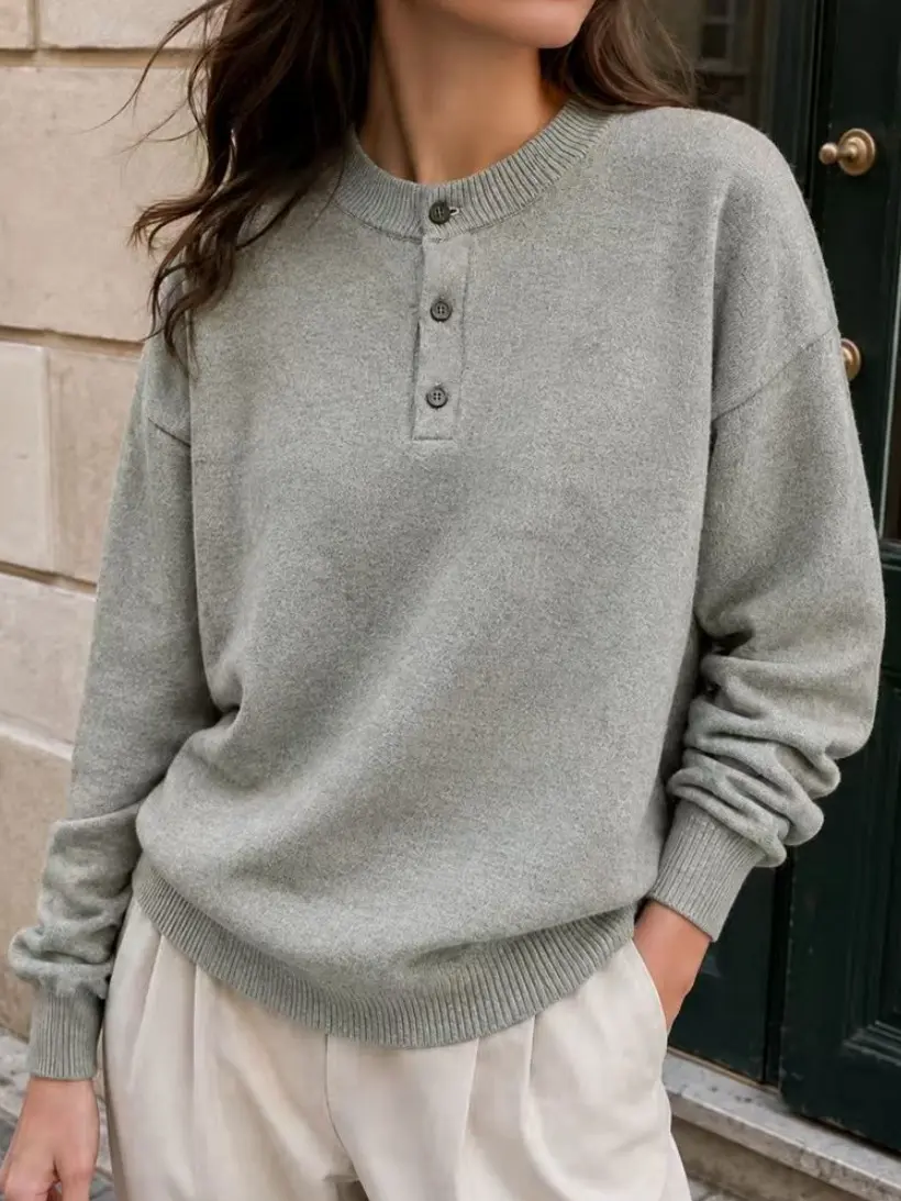 Women’s solid-color crewneck knit pullover sweater with a half-button front placket, featuring soft ribbed cuffs and hem; classic minimalist knit design suitable for everyday wear in autumn and winter, fashionable street style, sohochic sohochic