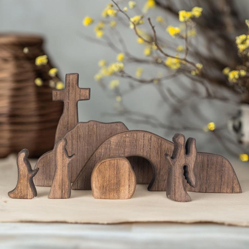Wooden Easter Resurrection Scene Cross, Empty Tomb Easter Scene & Cross Decoration, Jesus Tomb Tray Set for Religious Home Office