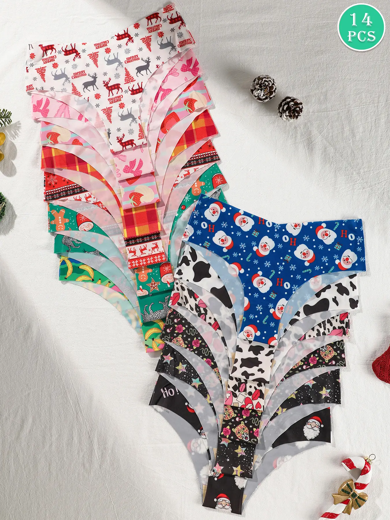 14-piece set of women's underwear, Underwear Sets, Christmas-themed patterned women's briefs, comfortable no-show low-waist women's daily underwear suitable for all seasons