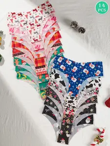 14-piece set of women's underwear, Underwear Sets, Christmas-themed patterned women's briefs, comfortable no-show low-waist women's daily underwear suitable for all seasons