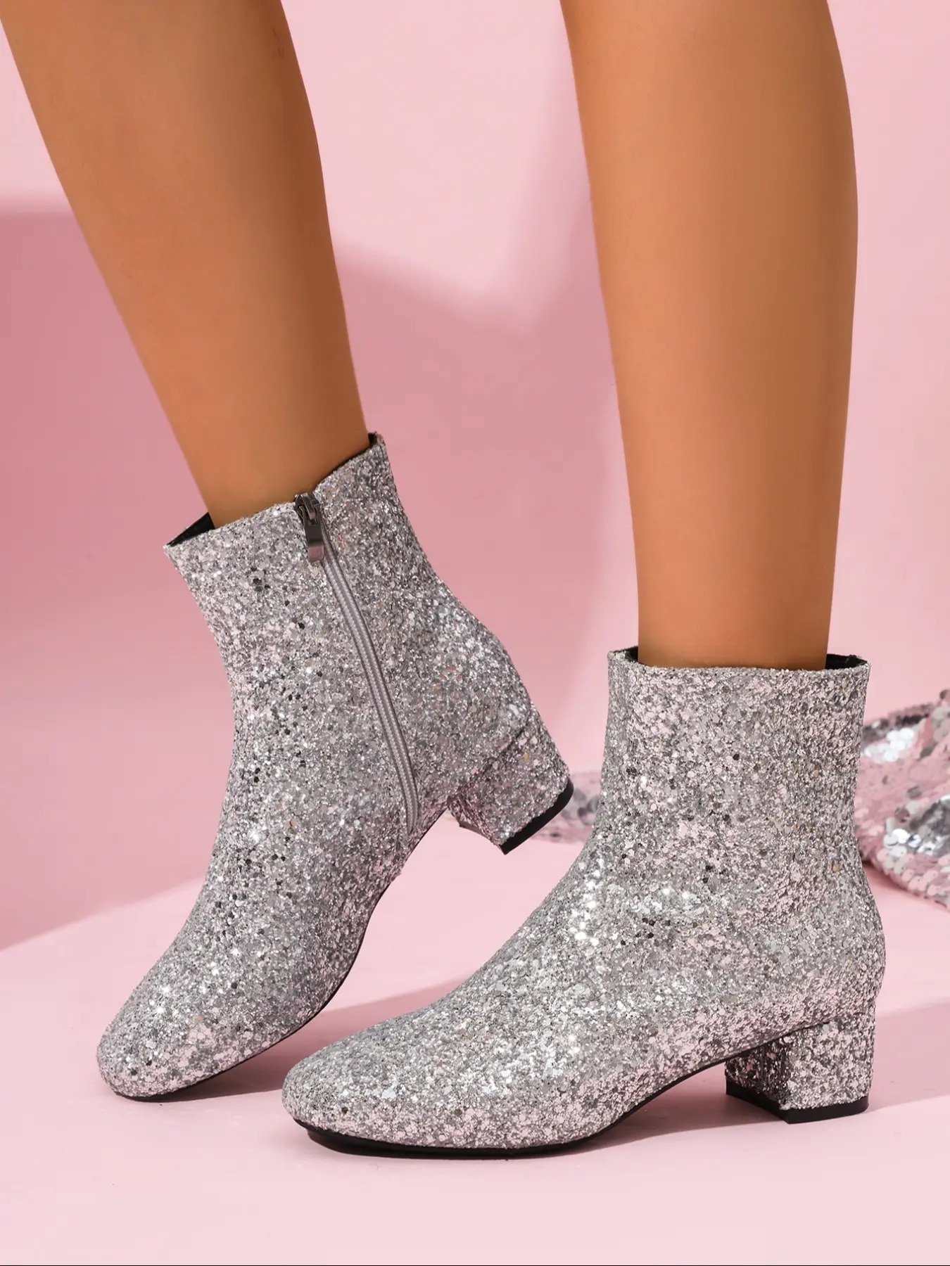 Women's Fashion Sequin Short Boots, Trendy Boots with Zipper Design, Chunky Heel, Shiny and Stylish, Perfect for Parties and Outings, Elegant Boots, Footwear Boot