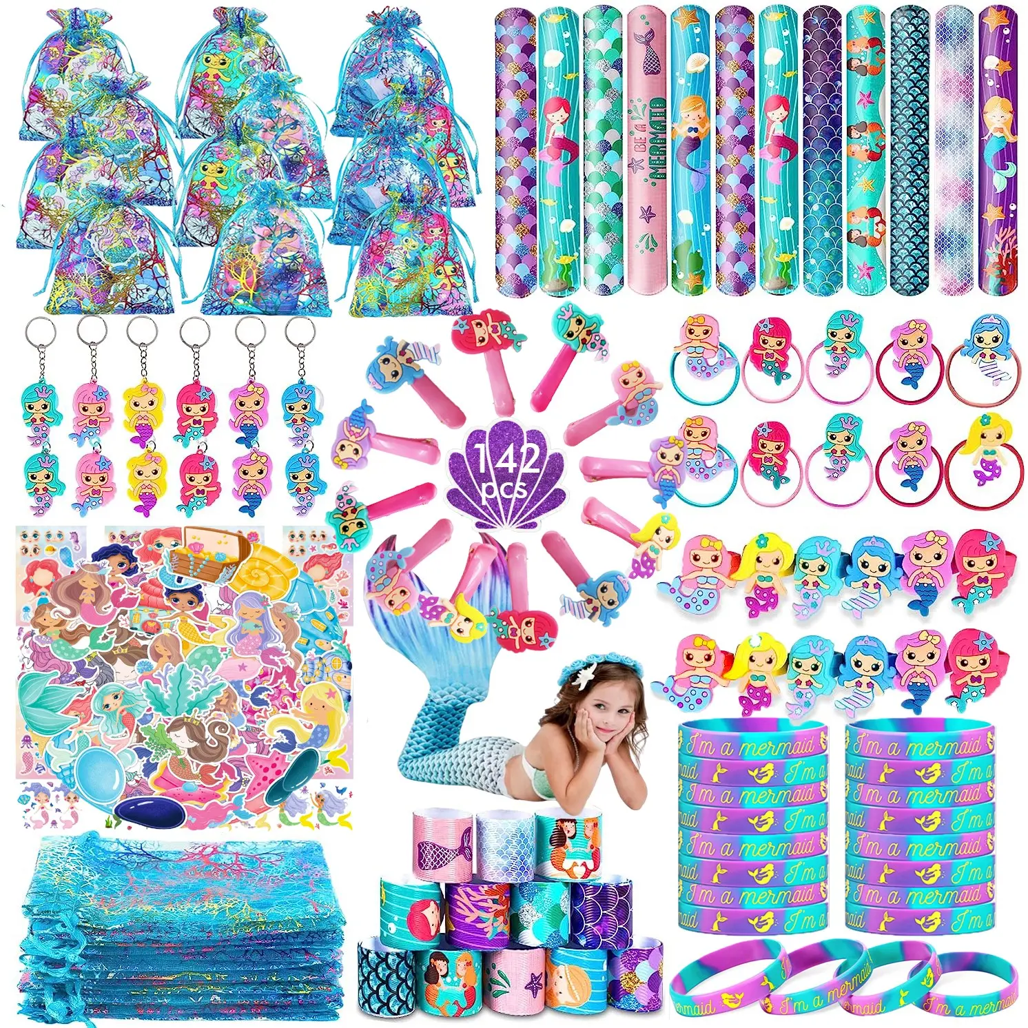142pcs Multi-Item Party Favor Packs, Themed Goodies, Goodies Set, Mermaid Party Favors For Girl, Mermaid Birthday Party Supplies, Decor Toys Kids Stationery Toy, Treasure Box Pinata Goodie Bag Stuffers, Party Bag Fillers