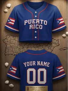 Puerto Rico Crop Top Baseball Jersey | Women's Heritage Edition Blue Button Down Short Sleeve Shirt | Custom Name & Number Game Day Athletic Wear