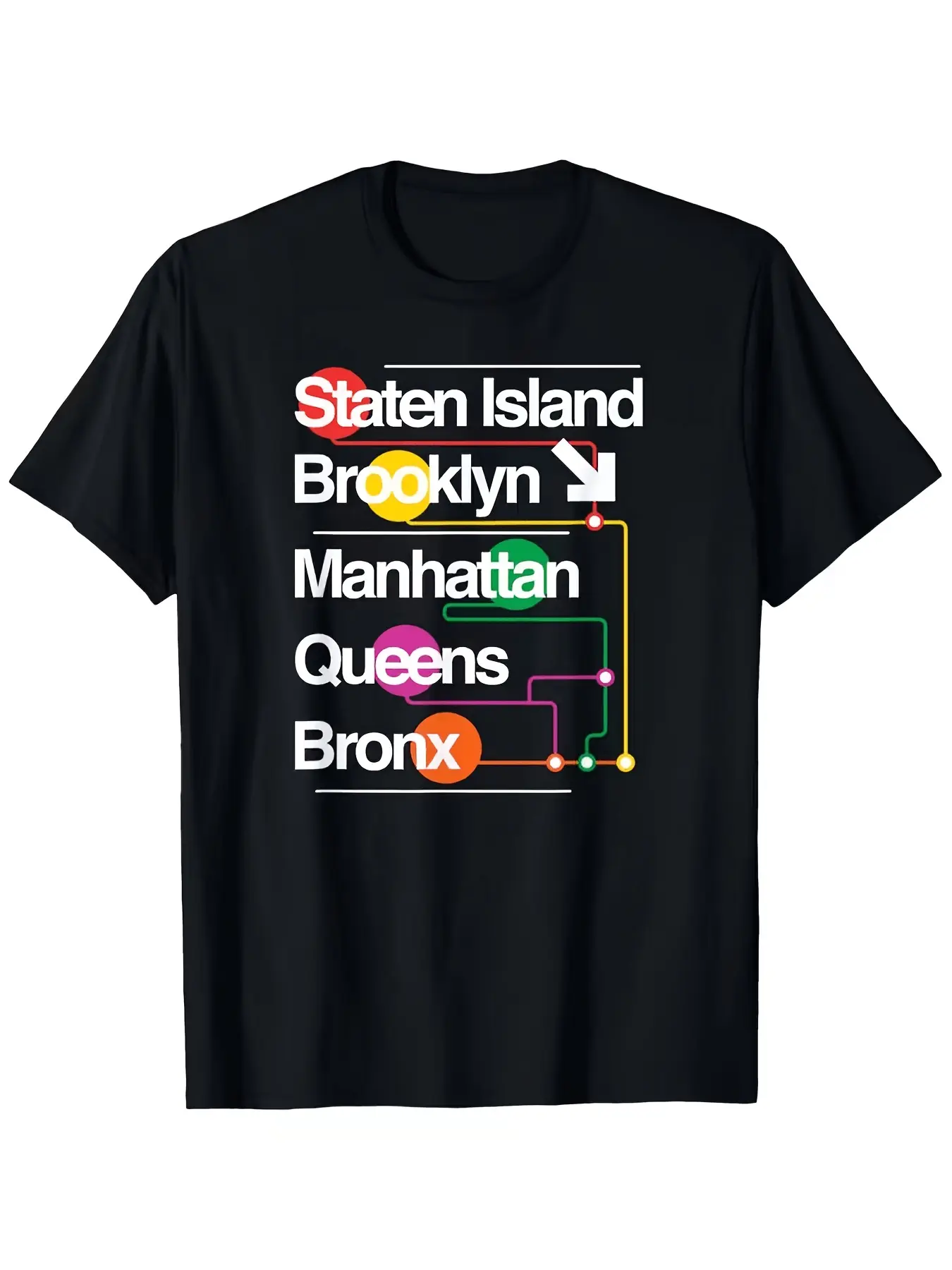 Men's Round Neck Short-Sleeve Polyester T-Shirt - 2D New York City Subway Map Print, Urban Artistic Style, Black Base with Colorful Lines, Casual Top for New York Enthusiasts' Travel Outfits, Plus Size, Shortsleeve, Fabric, Knit, Menswear, Stretch