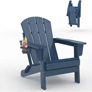 Navy Blue Folding Adirondack Chair, HDPE Outdoor Patio Chair with Cup Holder, All Weather Resistent Wooden Textured for patios, Decks, Gardens, fire Pit