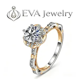 [EVA Jewelry] Flower 925 Sterling Silver Synthetic Moissanite Ring Elegant Engagement Ring Two Tone Ring