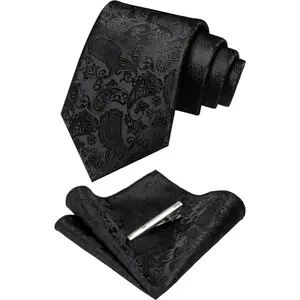 Mens Solid Color Paisley Necktie and Pocket Square with Tie Clip Sets