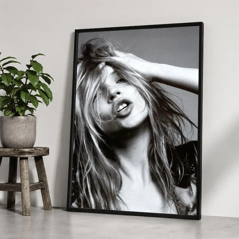 Kate Moss Poster, Black and White Fashion Wall Art, Supermodel Photography Print, Editorial Portrait Poster, 90s Fashion Decor