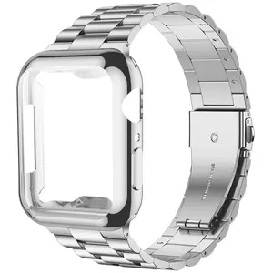 Compatible with Apple Watch Bands 44mm Series 6 5 4 Se, Upgraded Stainless Steel Band with iWatch Screen Protector Case for Men Women Silver/Silver