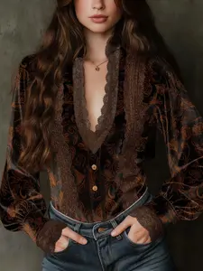Elegant Vintage Court Style Long Sleeve Bubble Hem Stand Collar Deep V Lace Patchwork Velvet Print Women's Top Blouse Shirt Fall Winter Commute Date