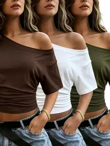 Three-piece set of women's solid color basic off-shoulder cropped T-shirts, casual drop-shoulder style, summer women's T-shirts, suitable for young women for casual daily wear, outdoor outings, and casual outfits, versatile women's T-shirts, available in