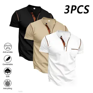 Men’s 3-Pack Henley Short Sleeve Shirts, Casual Button-Placket Shirt with Pocket, Wrinkle-Resistant, Soft Fabric, Black/Navy/Khaki/White, Perfect for Everyday Wear.