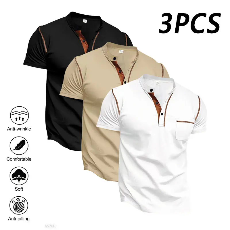Men’s 3-Pack Henley Short Sleeve Shirts, Casual Button-Placket Shirt with Pocket, Wrinkle-Resistant, Soft Fabric, Black/Navy/Khaki/White, Perfect for Everyday Wear.