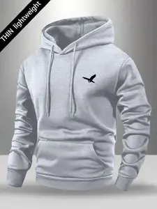 Autumn And Winter Men's Street Fashion Hoodie, American Niche Eagle Print, Comfortable Stretch Fabric, Long Sleeve Pullover Sweatshirt With Unique Design, Solid Color Hooded Sports Jacket With Drawstring Hood And Kangaroo Pocket, Suitable For Autumn And W