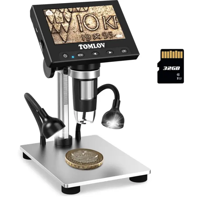 TOMLOV DM4S 1000X Error Coin Microscope with 4.3" LCD Screen, USB Digital Microscope with LED Fill Lights, Metal Stand, PC View, Photo/Video, SD Card