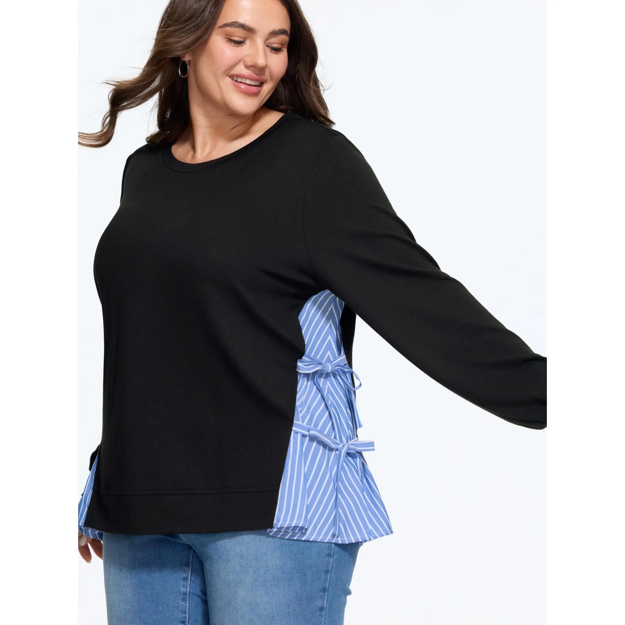 BLOOMCHIC Plus SizeSupersoft Stripe Side Patchwork Bow Tie Detail Sweatshirt[M-6X]Back To School,Fall Pick, Spotlight Day，SohoChic