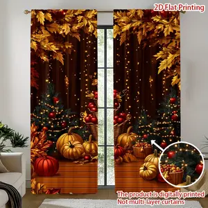 Set of 2, Thanksgiving Pumpkin Harvest Curtains - Fall Window Decorations with Gold/Brown/Red Pumpkin Pattern, Translucent Rod Bag Design, Suitable for Living Room, Kitchen, Bedroom, Office, Christmas Decorations, Window Decorations Supplies