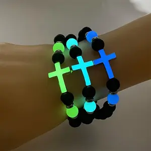Glow-in-the-DarkBlue&GreenCrossBracelet,FashionableVolcanicStoneBeadsforCasualAttire&SpecialOccasions