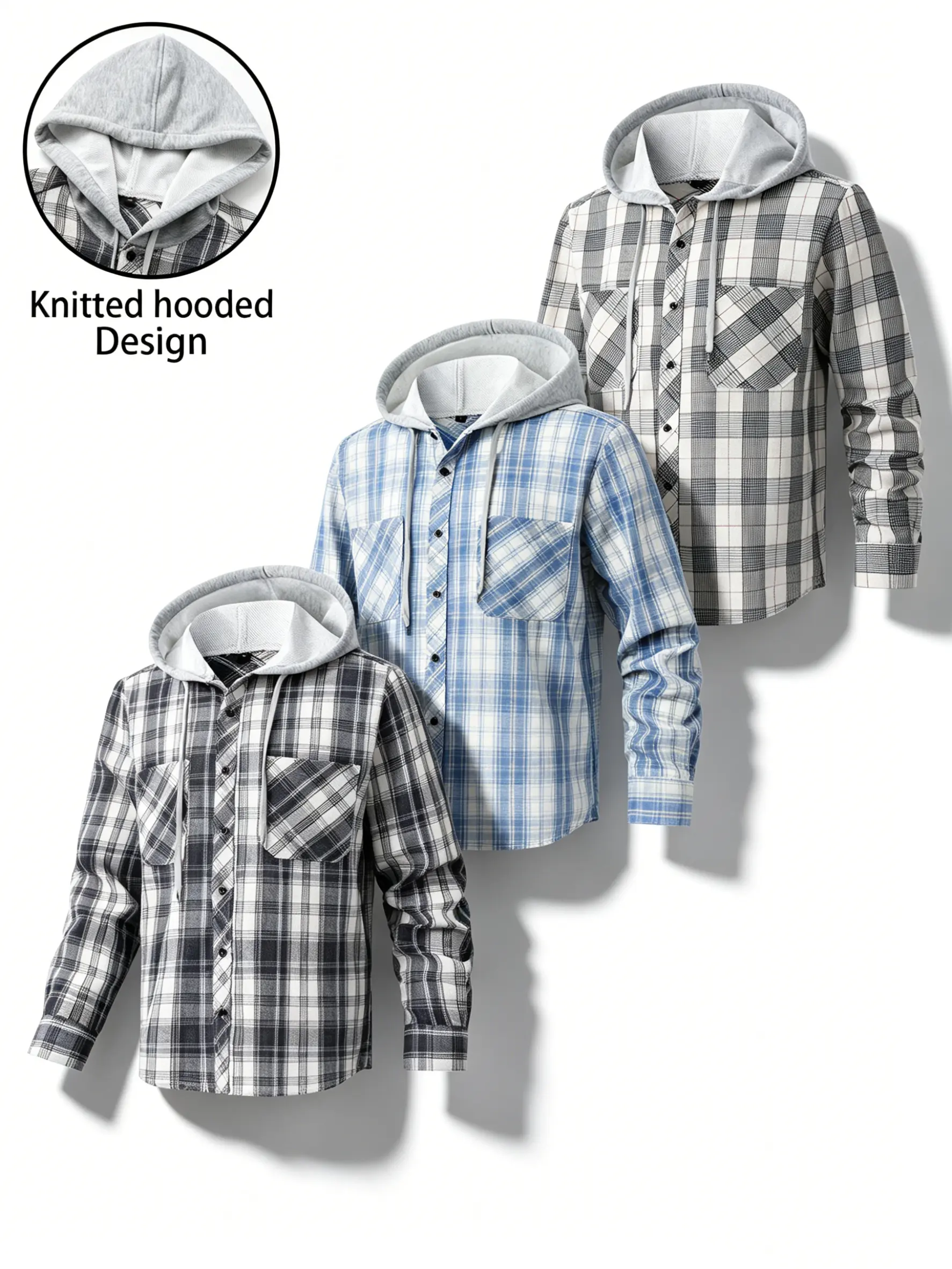 Mens Hooded Plaid Shirt Long Sleeve Button Down Flannel Shirt Jacket Casual Checked Hoodie Shirt with Chest Pockets Lightweight Soft Shacket for Streetwear Layering Daily Wear Outdoor Travel Work Weekend Overshirt Top Relaxed Fit Classic Casual Essentials