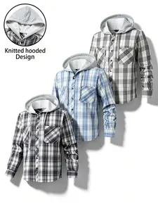 Mens Hooded Plaid Shirt Long Sleeve Button Down Flannel Shirt Jacket Casual Checked Hoodie Shirt with Chest Pockets Lightweight Soft Shacket for Streetwear Layering Daily Wear Outdoor Travel Work Weekend Overshirt Top Relaxed Fit Classic Casual Essentials