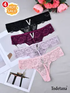 4 pieces Women Sexy Lace G-String Thongs Panties Low Rise Underwear Undies for Daily Wear Women's Underwear for All Seasons Casual Elegant Panty Lady Soft Breathable Underpants Knicker Regular Fit Panties, Perfect Gift for Halloween & Christmas
